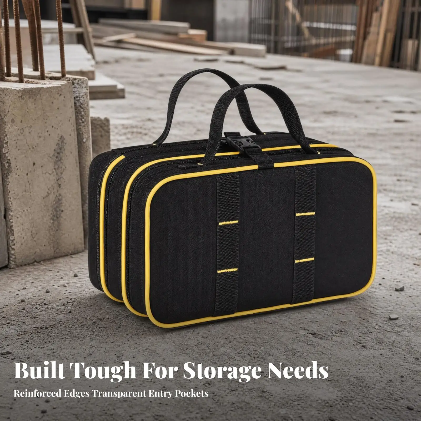 Waterproof Tool Tote Bag Oxford Cloth Black Work Organizer with Detachable Clear Front Pockets and Straps for Job Site Repairs