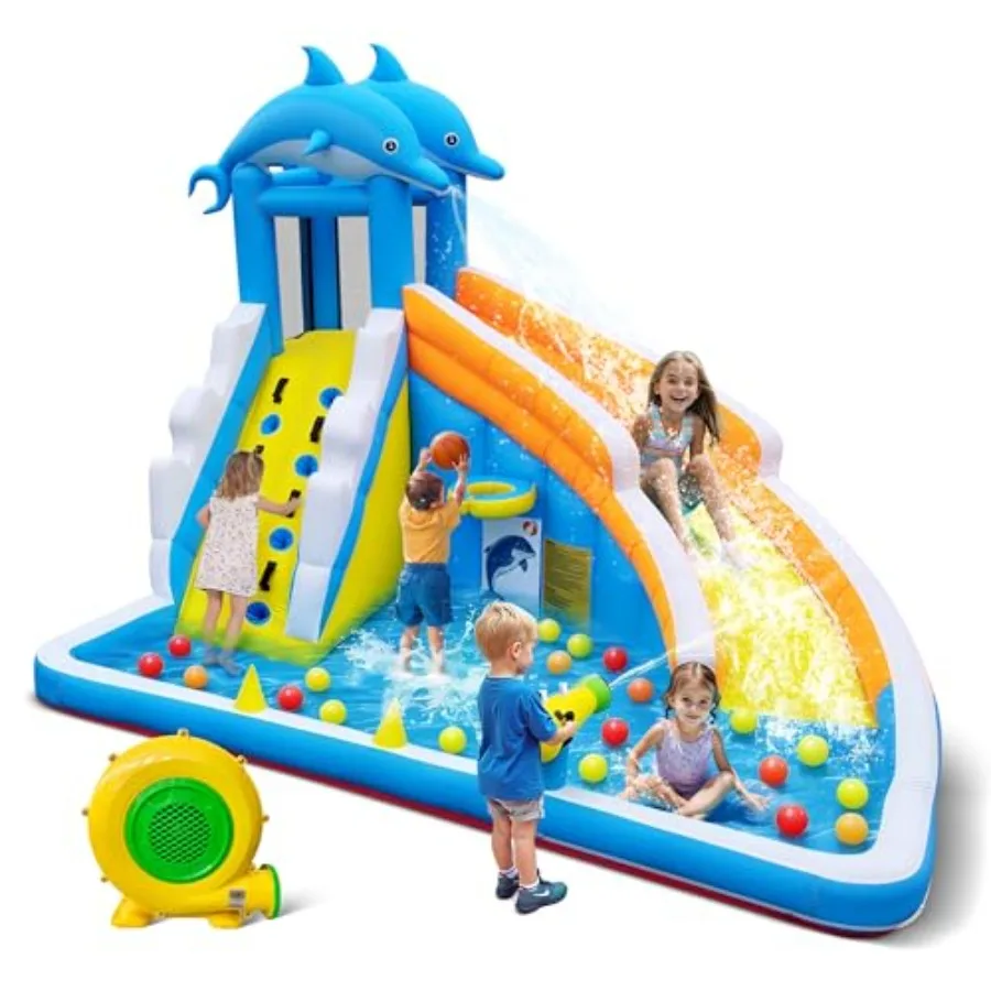 

Inflatable Water Slide for Backyard Outdoor Birthday Party: PVC Dolphin Style Blue with Splash Pool, Water Cannon, Climbing Wal