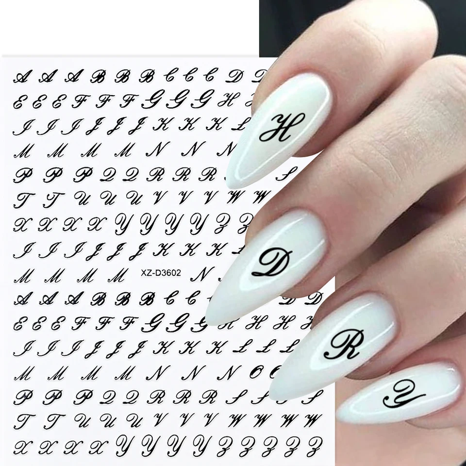 1Pc 3D Roman Letter Nail Stickers Gold/Silver/Black/Laser Alphabet