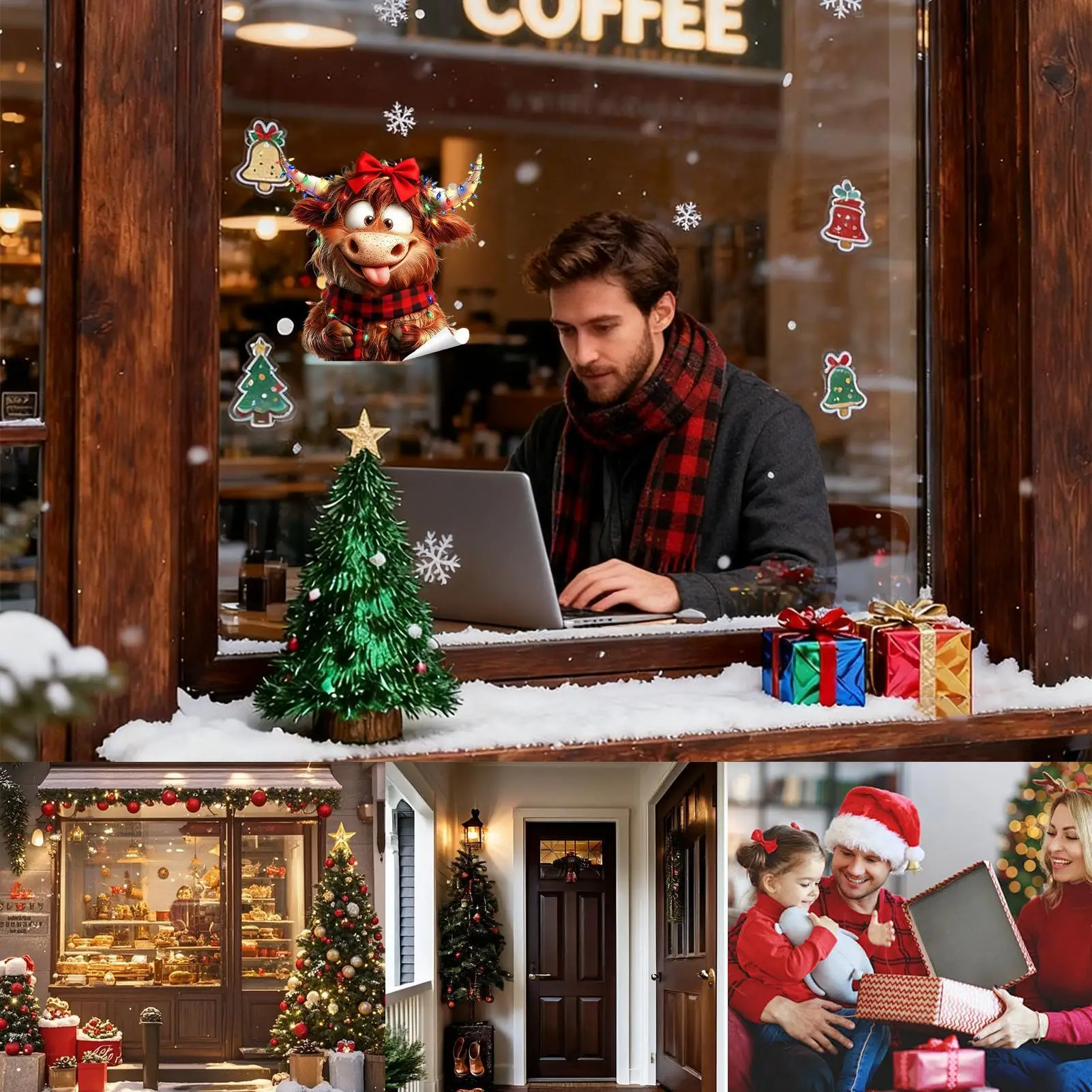 ملصقات نافذة عيد الميلاد 4 قطع البقرة احتفالية الديكور الكهروستاتيكي التصاق زجاج الباب عطلة الشارات لأصحاب المنازل #5