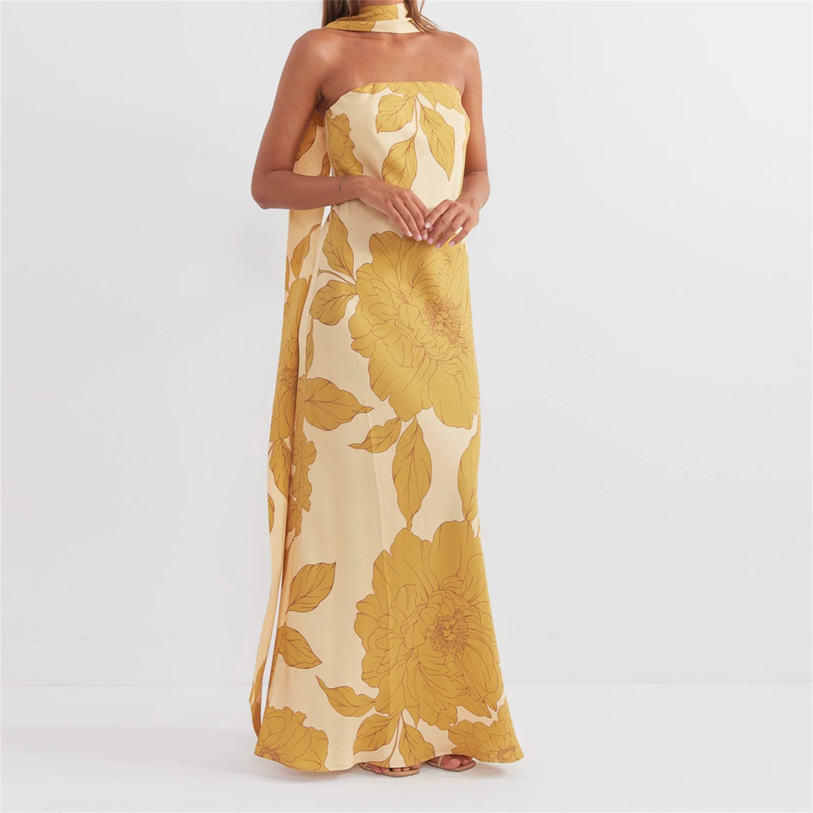 

Women's Strapless Long Dresses Summer Fashion 2025 Floral Print Backless Slim Fit Tube Dress with Scarf