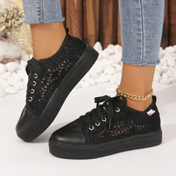 Women Shoes Spring Autumn Summer Fashion Casual White Cutouts Lace Canvas Hollow Breathable Platform Flat Sneakers Tennis Walk