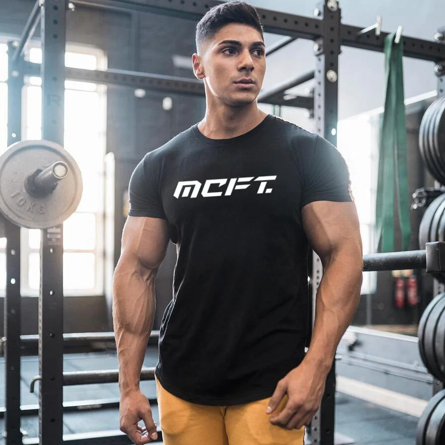 Sommer-Lauf-T-Shirts für Herren, kurzärmelig, Sportbekleidung, Fitness-Kleidung, Baumwolle, O-Ausschnitt, schmale Passform, lässige Gym-Sport-T-Shirts