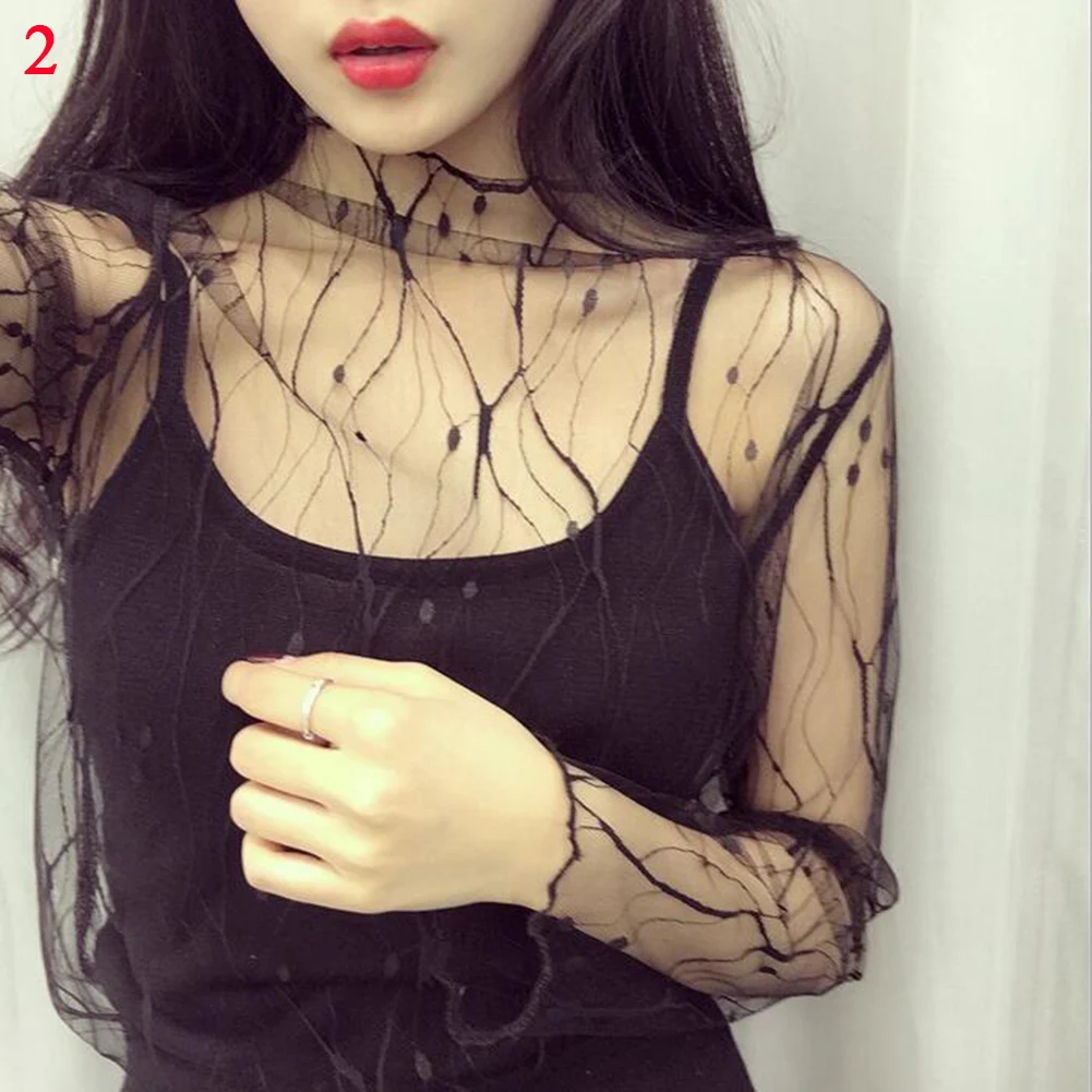 Women Sexy Long Sleeve See Through Mesh Fishnet Casual Top Tee Shirt Sheer Black Lace Star Dots Fashion Party