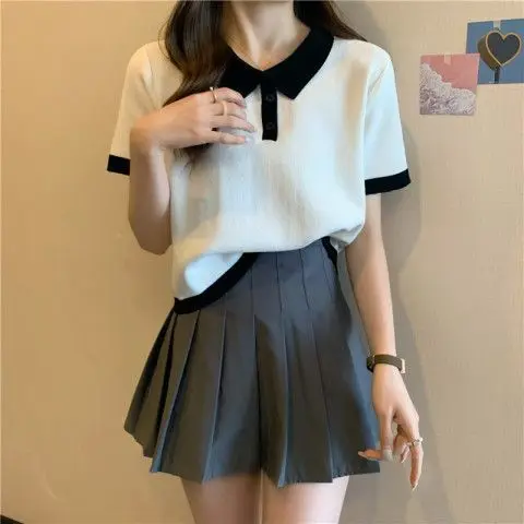 

New Sleeve Button Off-Shoulder T-Shirt For Women, Color Block Summer Collar Shirt, Unique Design Short Top