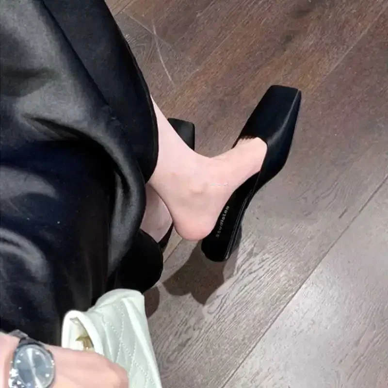 Fashion Satin Women's Mules with Heels Summer Sexy Square Toe Strange Low Heel Slide Sandals Elegant Comfort Dress Slippers view 5