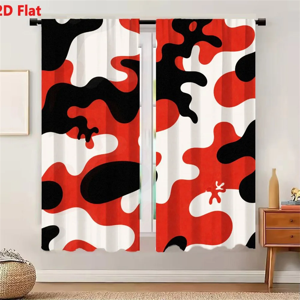 2Pcs Curtains 2D Flat Abstract Pattern With Irregular Organic Shapes In Black Red White, Fluid Amorphous Blobs Without Boundarie