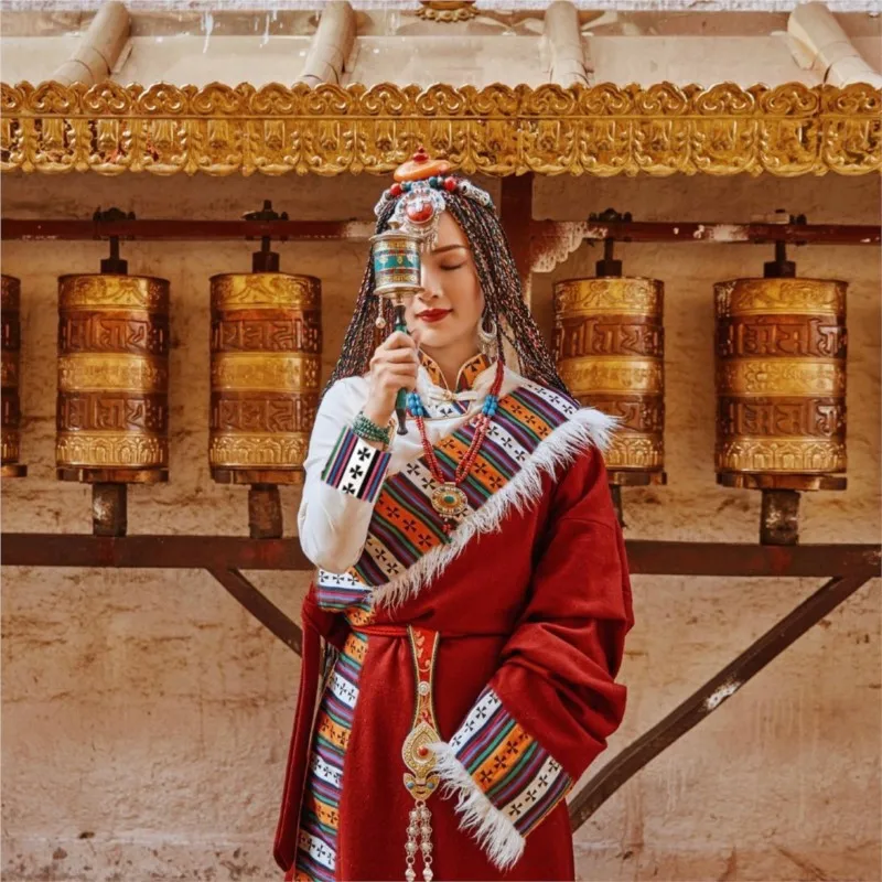 Red Tibetan Robe Costumes Guozhuang Dance Long Dress Traditional Kangba Clothing