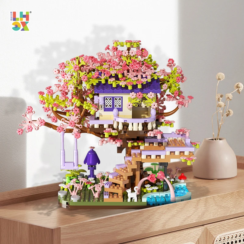 ของเล่นประกอบต้นบอนไซเชอร์รี่สำหรับเป็นของขวัญงานประดิษฐ์ทำมือบล็อกตัวต่ออิฐอนุภาคขนาดเล็กสำหรับเด็กแฟนสาว