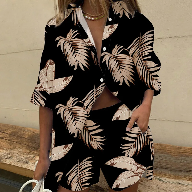 

2023 Summer Print Shorts Suits Woman Vintage Long Sleeve Shirt And Short Pants Suit Two Piece Set Female Loose Casual Outfit