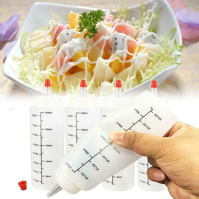 PE Plastic Needle-nosed Scale Squeeze Bottle Cap Squeezable Bottle With Leak-proof 250ml Salad Squeeze Bottle Kitchen Tool