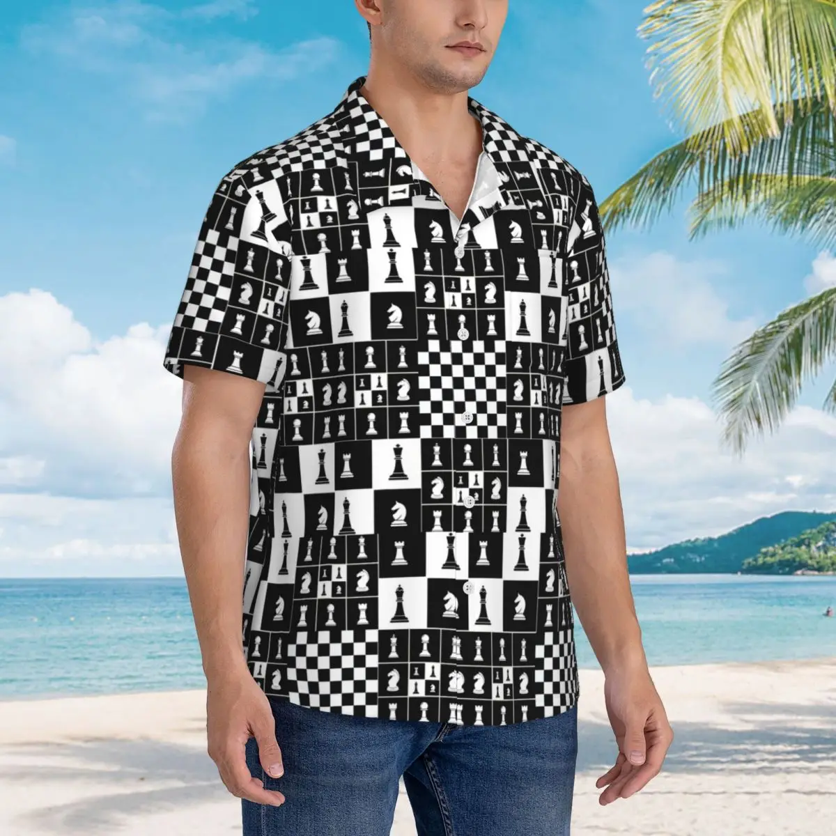 

Шахматные фигуры на доске шахматная доска (1) Гавайские рубашки Повседневная мужская рубашка с коротким рукавом для лета, пляжа, мужские топы с лацканами
