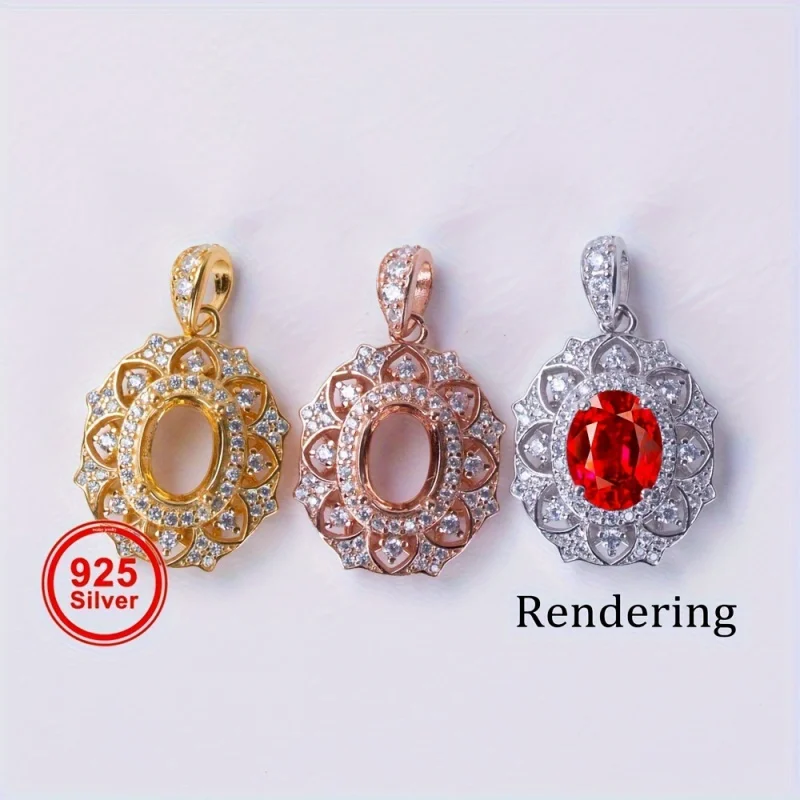 S925 Sterling Silver 6x8mm Pendant Setting Blank Semi Mount for Gemstone DIY Women's Necklace Jewelry Making
