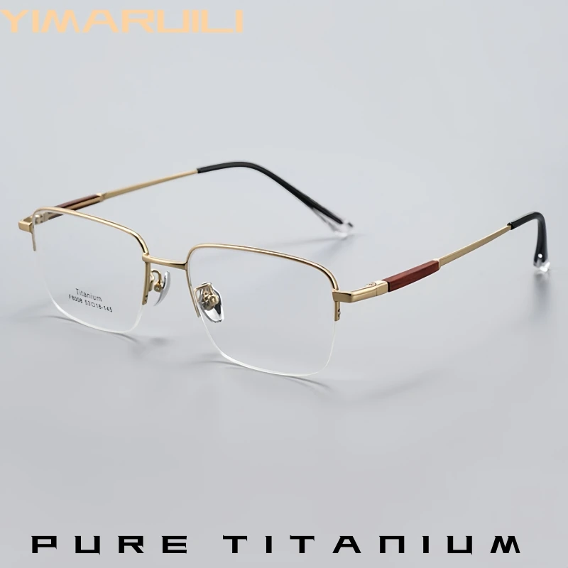

YIMARUILI Men's Pure Titanium Half Frame Glasses Luxury Ultra Light Business Small Optical Prescription Eyeglasses Frame F8008X