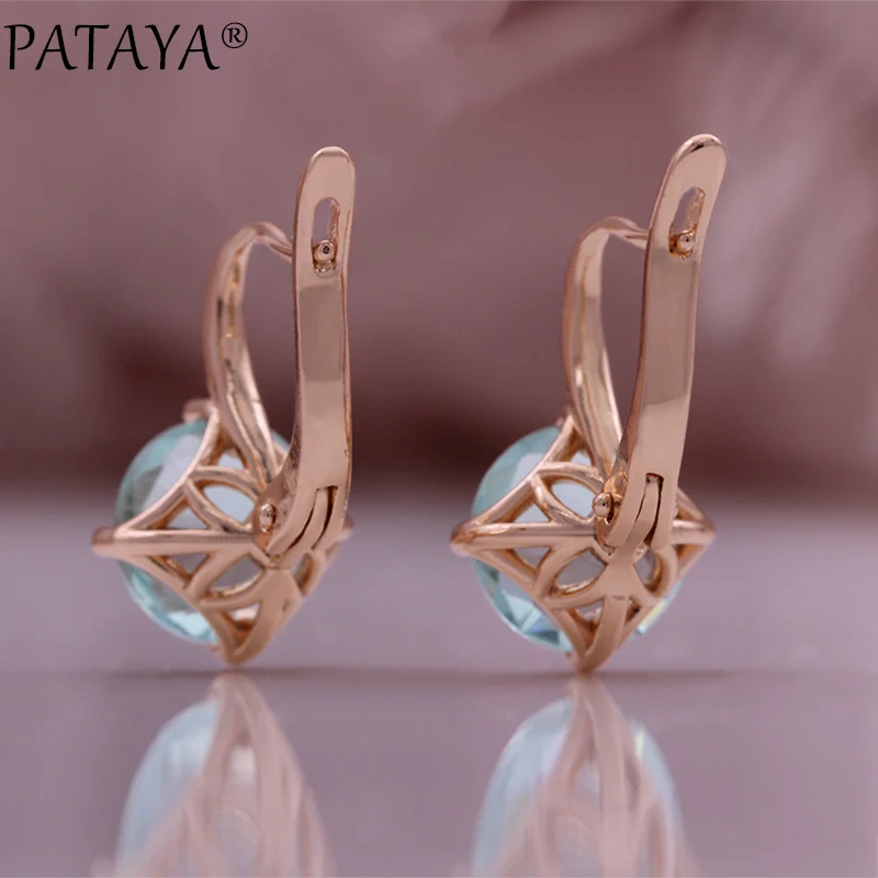 PATAYA New 585 Rose Gold Color Earrings Ring Sets For Women Round Natural Zircon Bride Rings Wedding Fashion Jewelry Sets