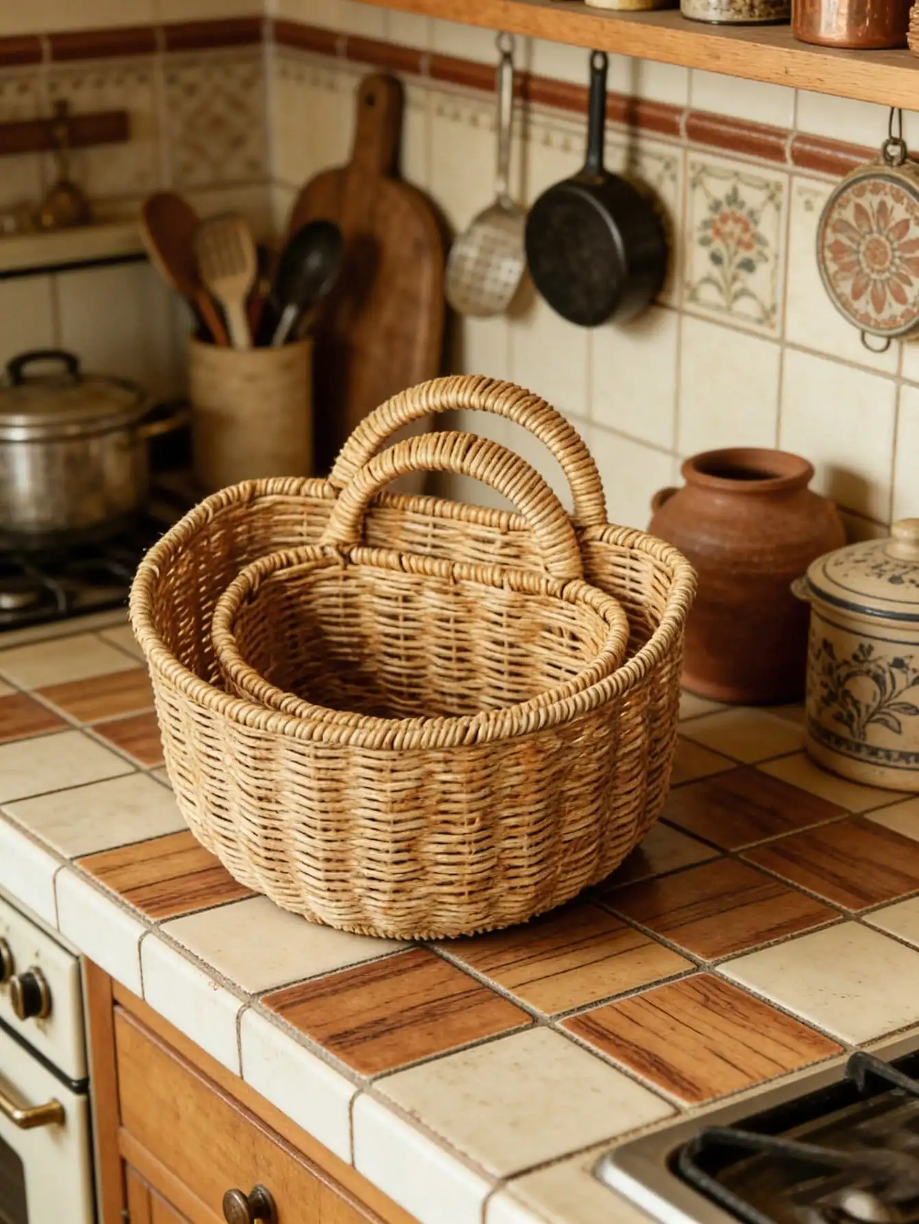1pc Handwoven Rattan-Style Storage Basket, Vintage Wall-Mounted Basket, Portable Small Flower Basket, Kitchen Garlic & Ginger Storage Basket (Color And Size May Vary Slightly)