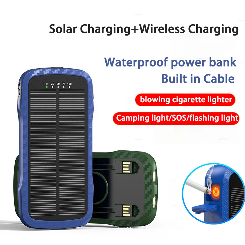 

100000mAh Solar Power Bank Portable Large Capacity Charger Buit-in Cable With Flashlight For Xiaomi IPhone Waterproof Powerbank