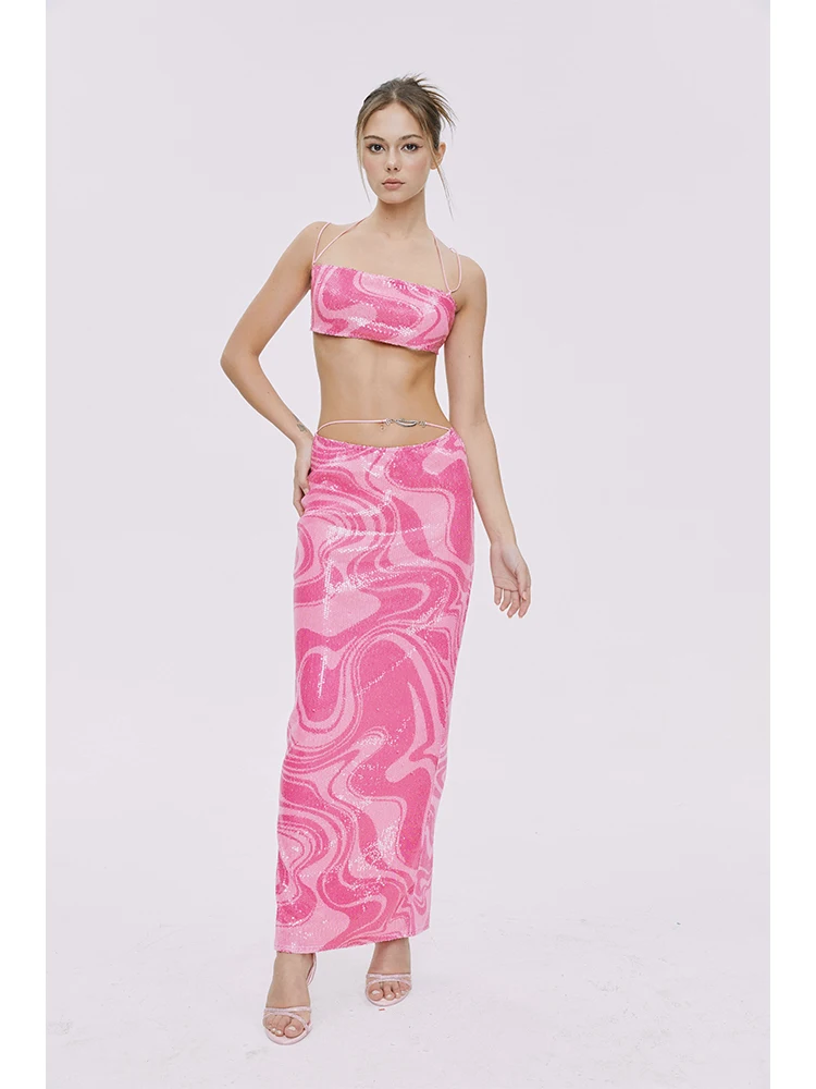 High-End Designer Model Pink Printing Sequined Hollow-out Dress Women's Hip Skirt Skirt Banquet Evening Dress Skirt Sexy