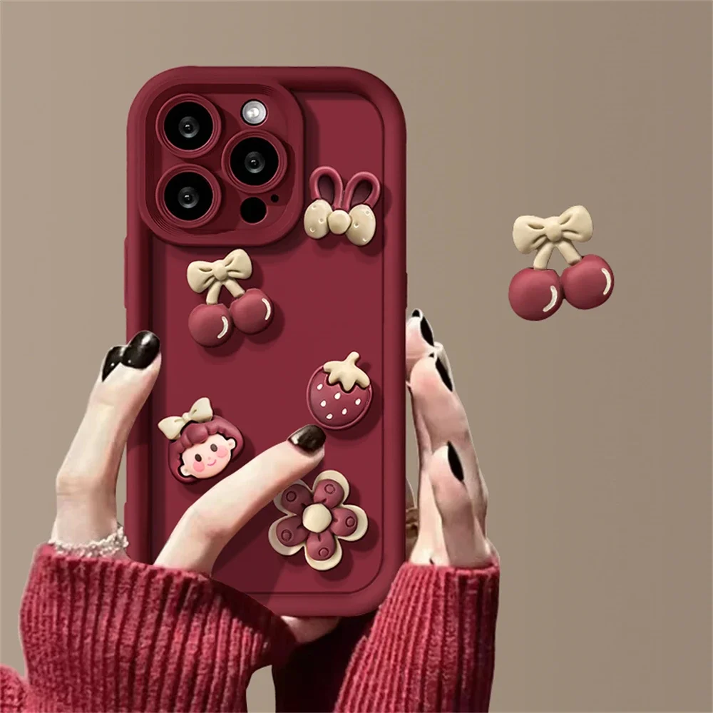 Cherry Girl Flower Candy Phone Case For iPhone 15 14 13 12 11 Pro Max 7 8 Plus Cute Autumn Soft Silicone Case