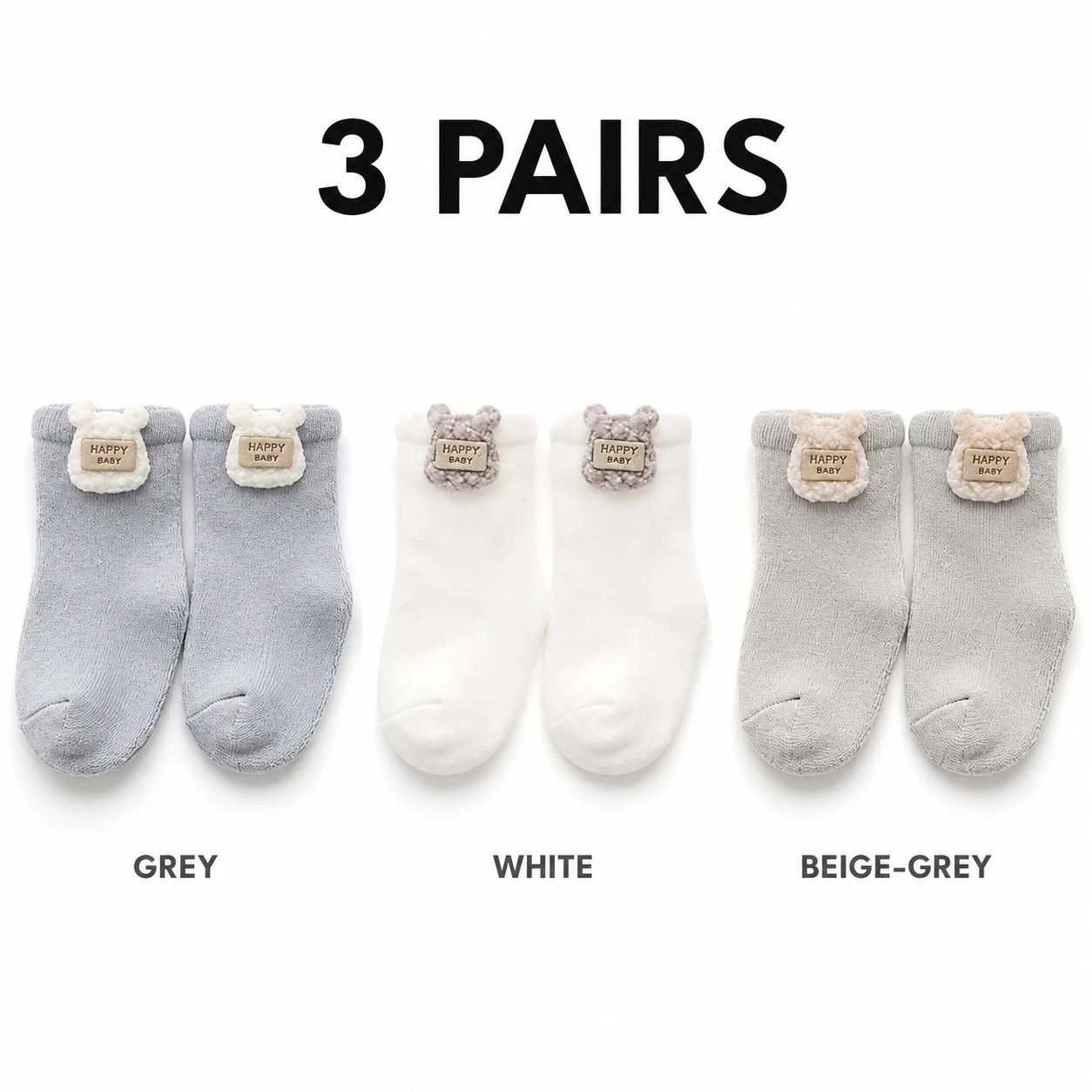 3 Pairs Cartoon Bear Patch Baby Crew Socks Soft Elastic Seamless Toe Newborn Infant Toddler Socks For Baby Boys Girls Daily Wear