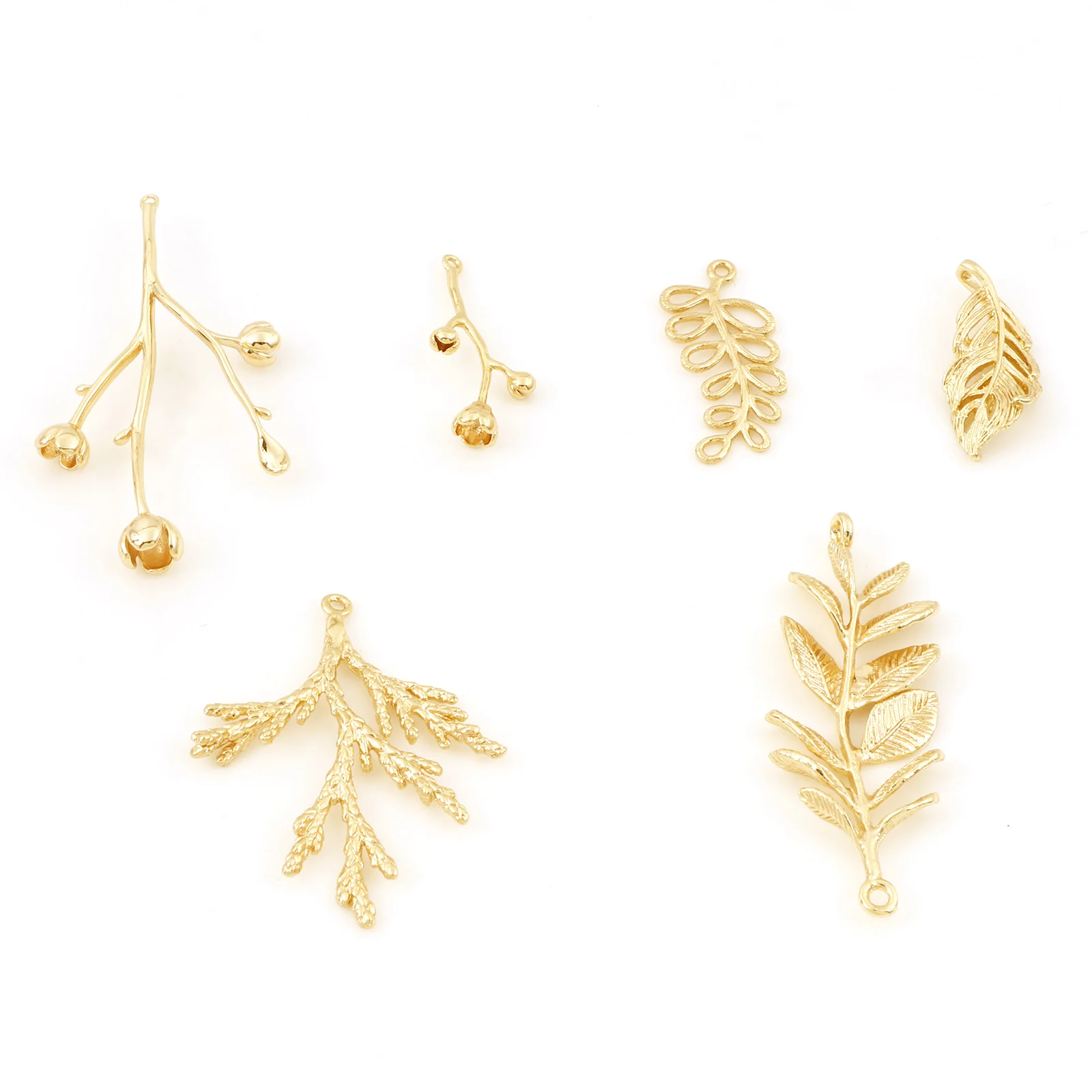 2PCs Gold Color Copper Leaf Branch Charms Flower Feather Pine Branch Pendants Connector For Jewelry Making Diy Earring Supplies