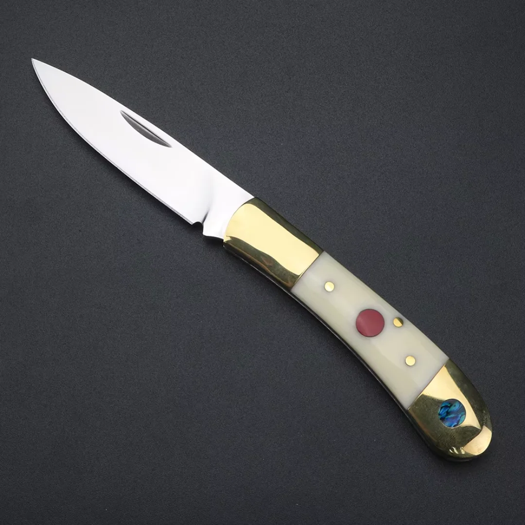 Brass beef bone handle folding knife, 9cr18 stainless steel fruit knife. Exquisite pocket knife, perfect gift