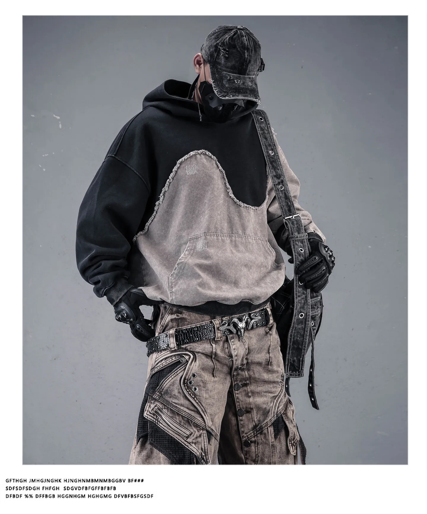 Contrast Color Patchwork Techwear Style Casual Hoodies Man Autumn Tactical Function Washed Distressed Design Long Sleeve Tops