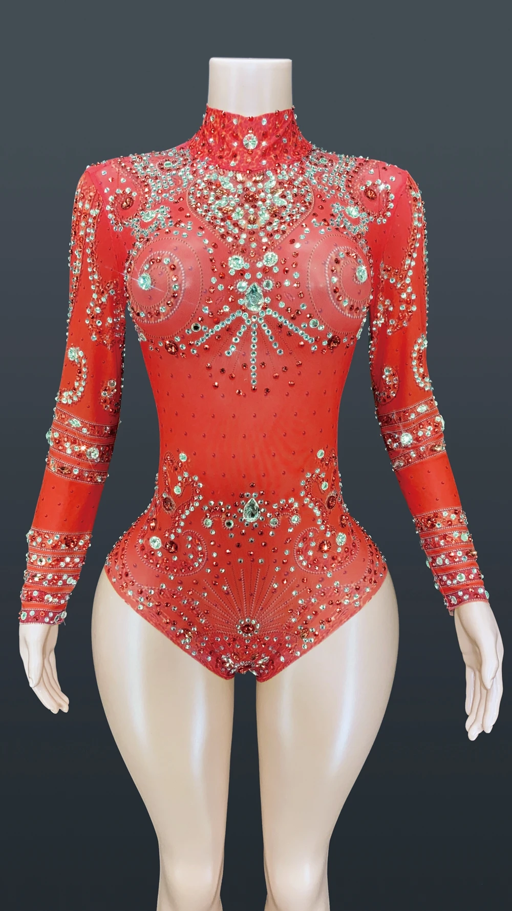 Sparkly Crystals Long Sleeve Mesh Transparent Bodysuit Sexy Dance Costume Birthday Party Night Outfit Women Leotard Stage Wear