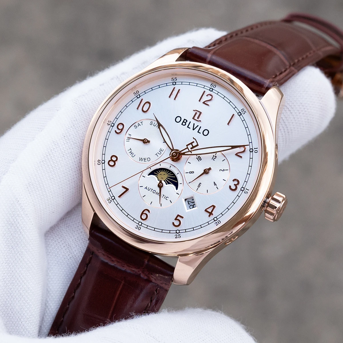 

OBLVLO Men Automatic Watch 40mm Mechanical Wristwatch 5ATM Sapphire Luminous Multi-Dial Month,Week,Date,24 Hours TY1654