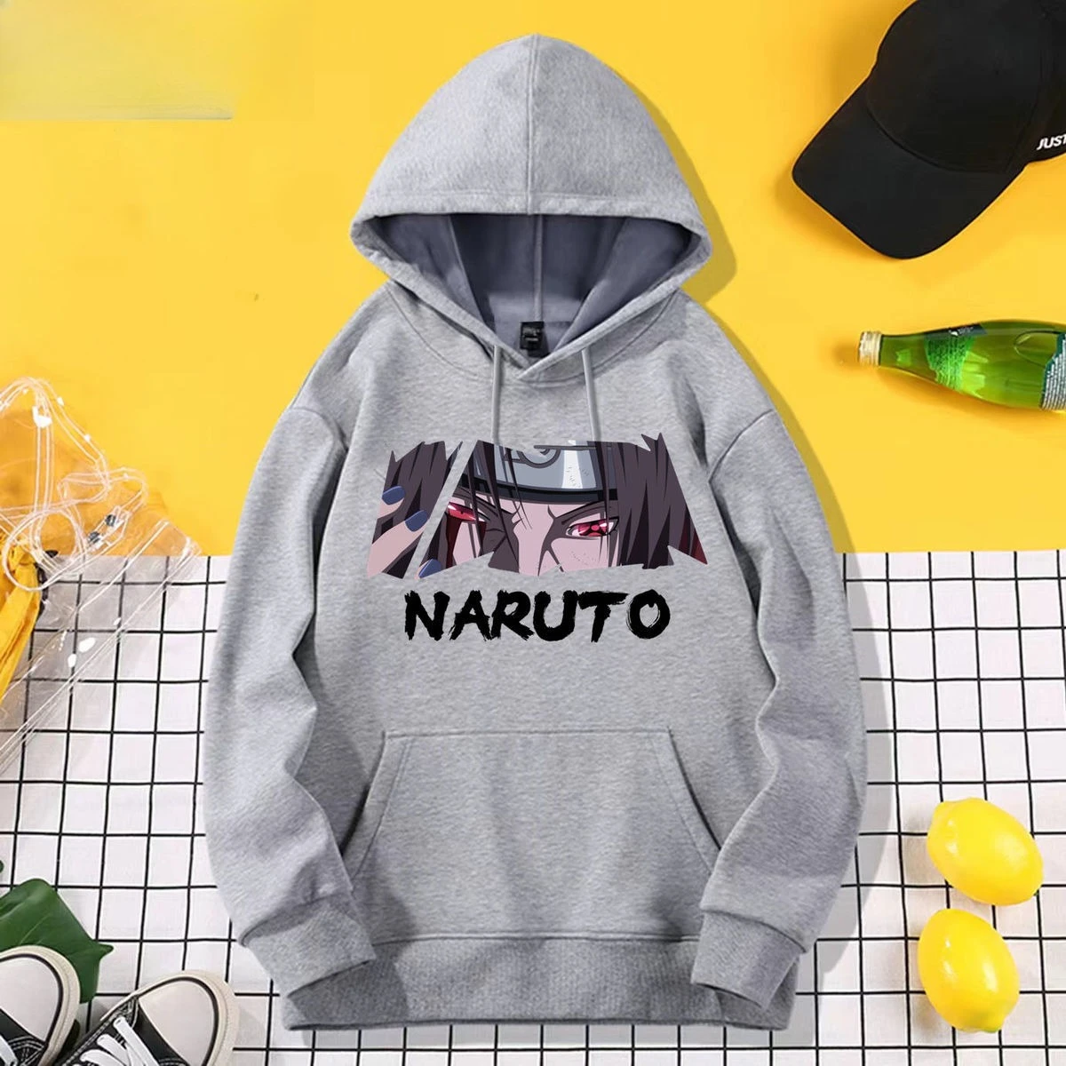 

Naruto Black Hoodie Itachi Uchiha Portrait with Sharingan Eyes Just Naruto Text Anti-pilling Premium Cotton Streetwear​