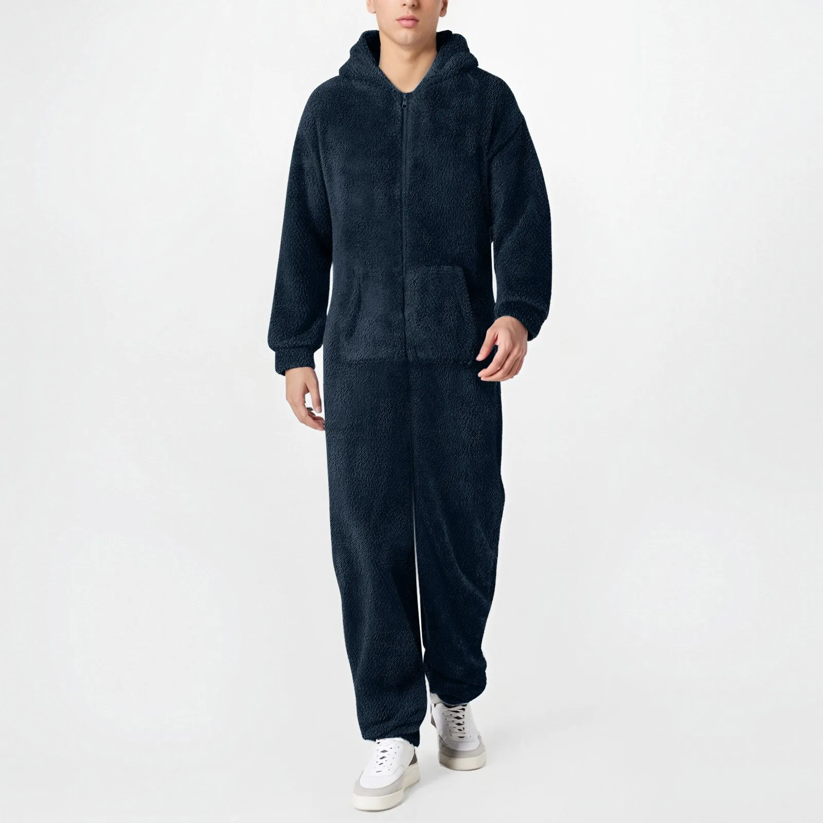 Winter Fleece Jumpsuit Pajama Men Long Sleeve Solid Color Hooded Zipper One-Piece Pajamas Casual Nightgowns Onesie Men