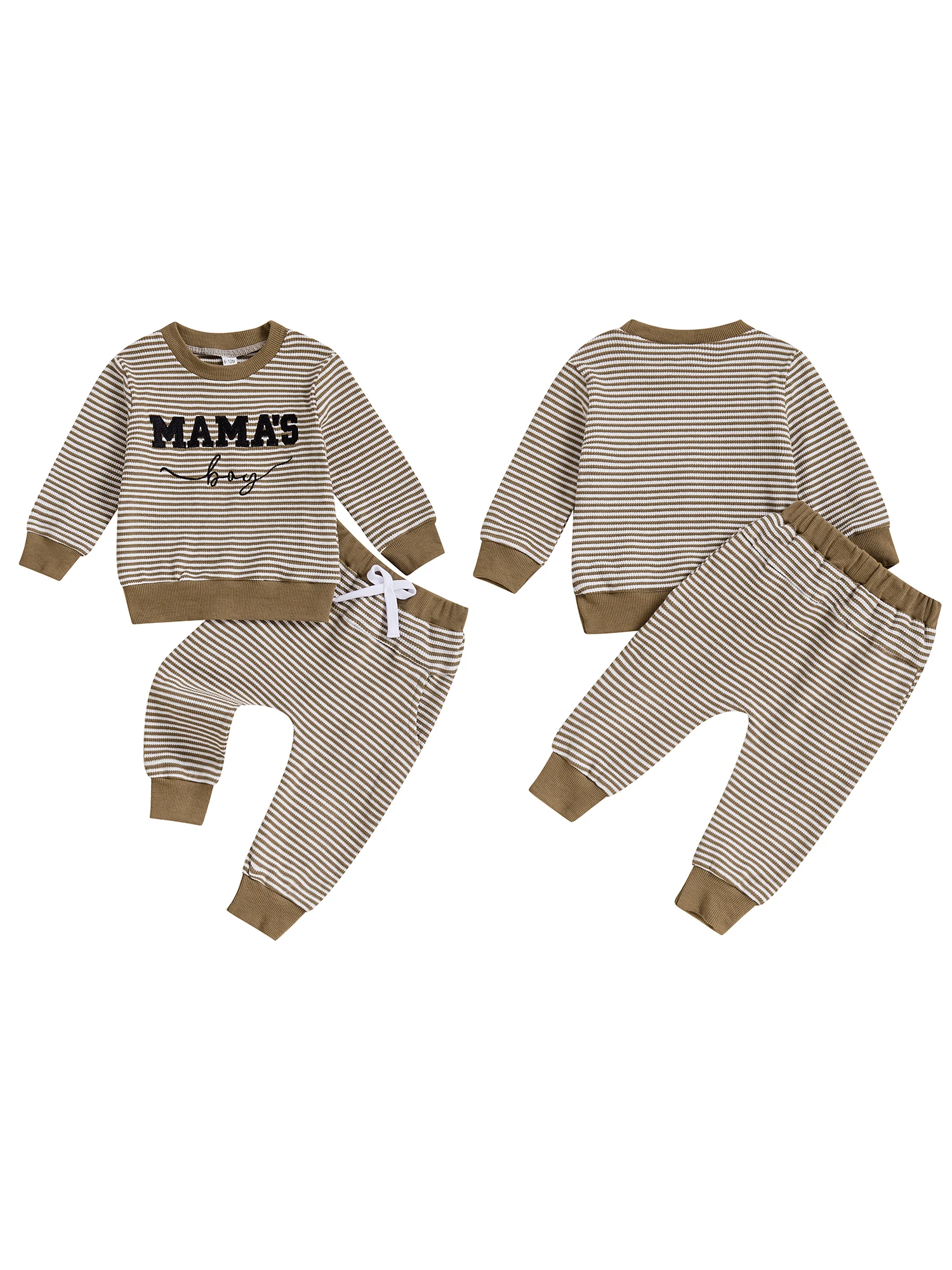 Conjunto infantil de outono para meninos com letras bordadas, top listrado com gola redonda e calças combinando – conjunto de 2 peças para crianças