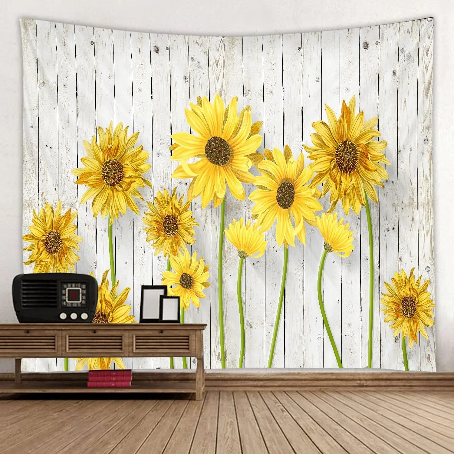 Sunflower Tapestry - Bright Yellow Floral, Rustic Wood Background, Boho Wall Hanging, Bedroom Living Room Decor, Multiple Sizes
