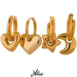Yhpup-pendientes de aro de acero inoxidable para mujer, aretes Huggie chapados en oro de 18 quilates, a la moda, resistentes al agua, con forma de estrella, Luna y corazón