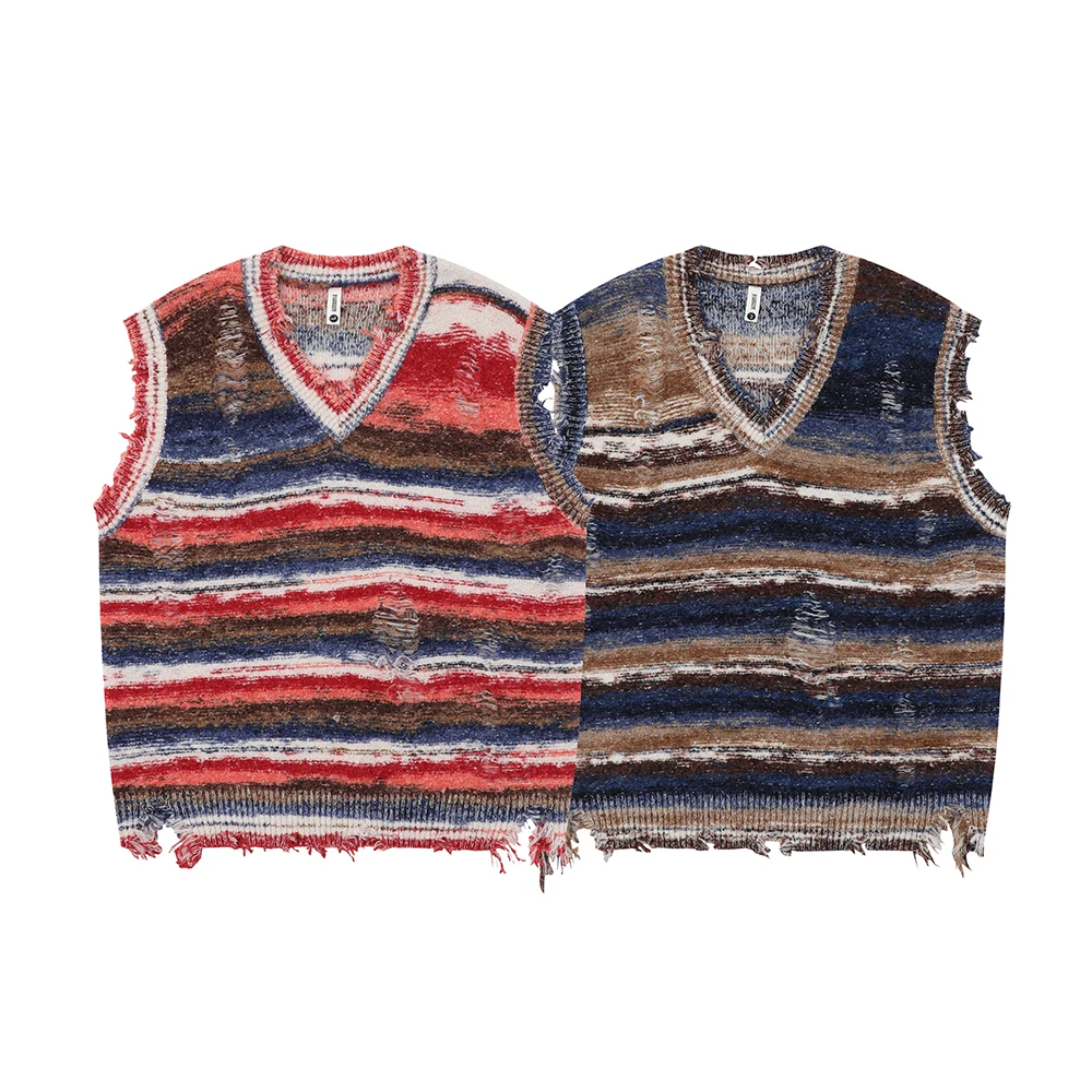 Japanese Vintage Striped Spliced V Neck Ripped Vest for Men Chaleco Hombre Baggy Y2K Casual Sleeveless Knitted Sweater Oversized