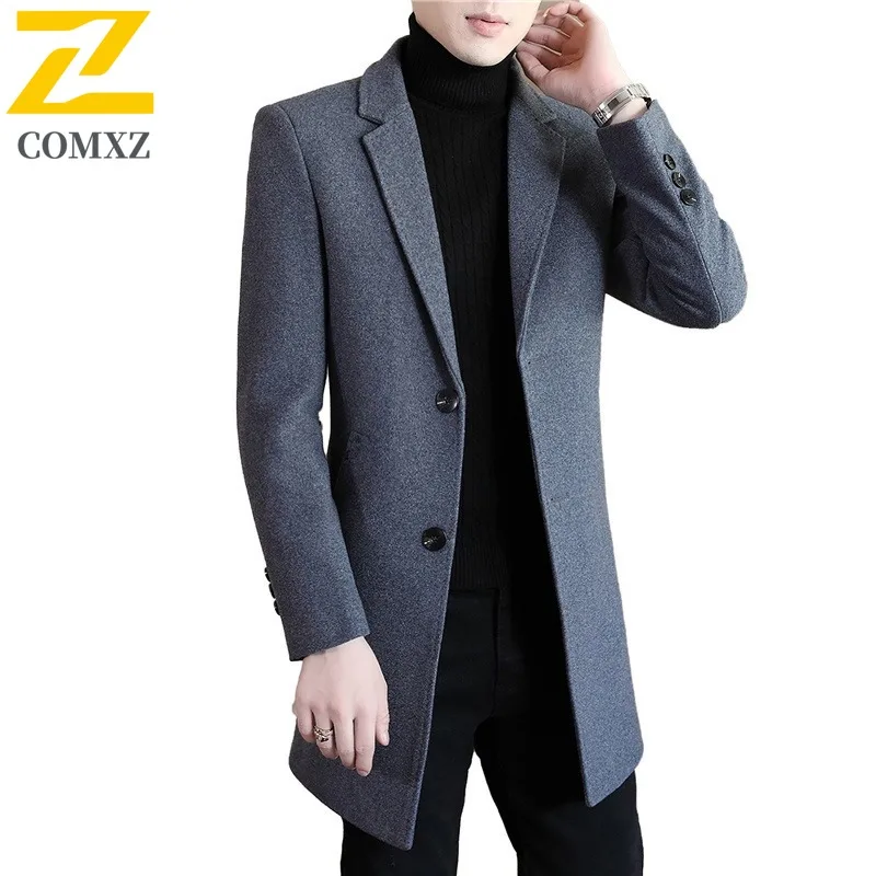 COMXZ Mens Wool Coat Korean Trend Long Cashmere Coat Autumn Winter Thick Wool Trench Coat