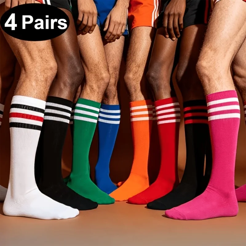 4-Pair Unisex Knee-High Striped Athletic Socks for Running, Sports, Soccer