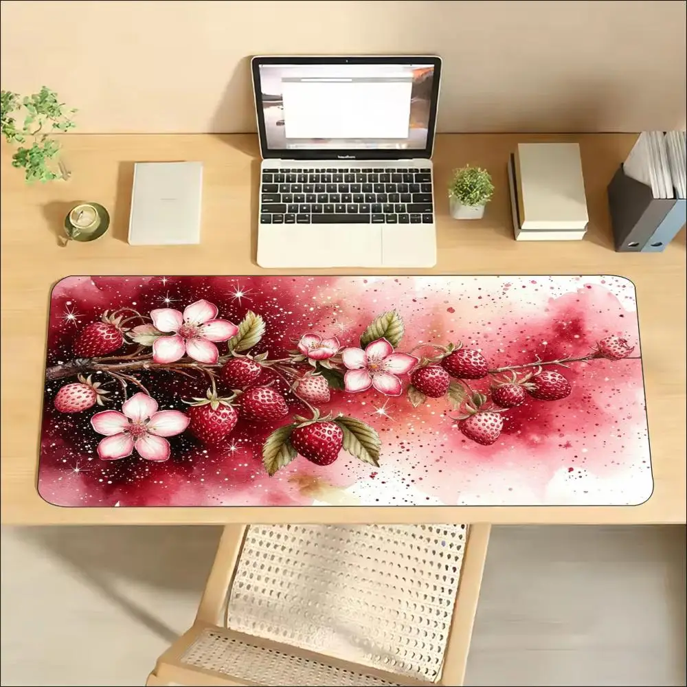 Fresh Strawberry Blossom Print Extended MousePad Non Slip Rubber Desk Mat For Gaming Laptop Keyboard And Home Office Workstation