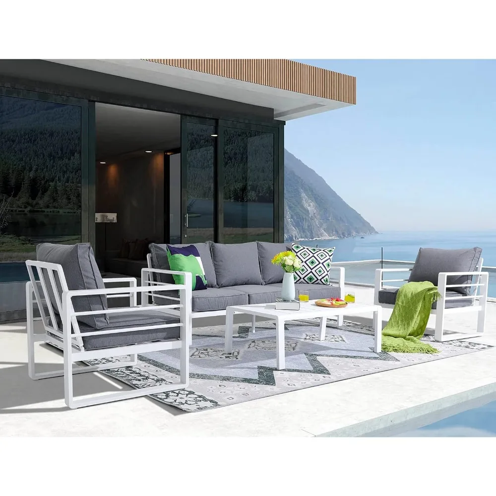 

Aluminum Patio Furniture Set, 4 PCS Set, All Weather White Sectional Sofa Set w/Coffee Table, 3-Seater Sofa, Garden-Grey Cushion