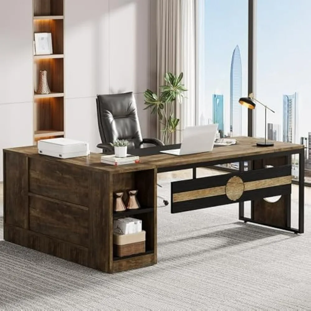 L Shaped Desk with 55-Inch Storage Cabinet, Extra Large Executive Office Desk with 2 File Drawer, Open Storage Shelves