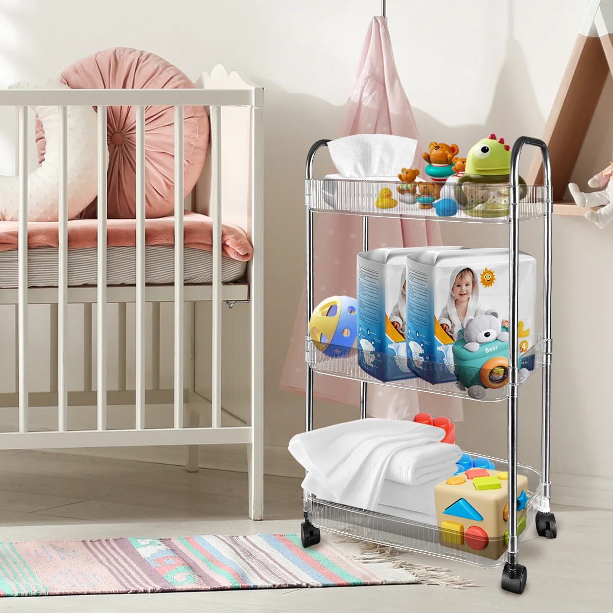 رف تخزين متعدد الوظائف، رف تخزين شفاف متعدد الطبقات، يمكن استخدامه لتخزين الحفاضات والوجبات الخفيفة ومستحضرات التجميل والبقالة #1