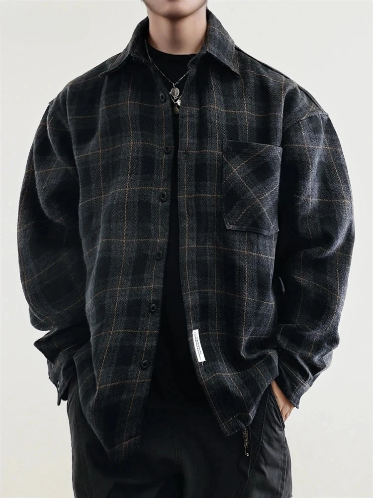 Mens Flannel Shirts American Vintage Streetwear Thick Plaid Oversized Cargo Long Sleeve Loose Fit Casual Workwear Autumn Winter