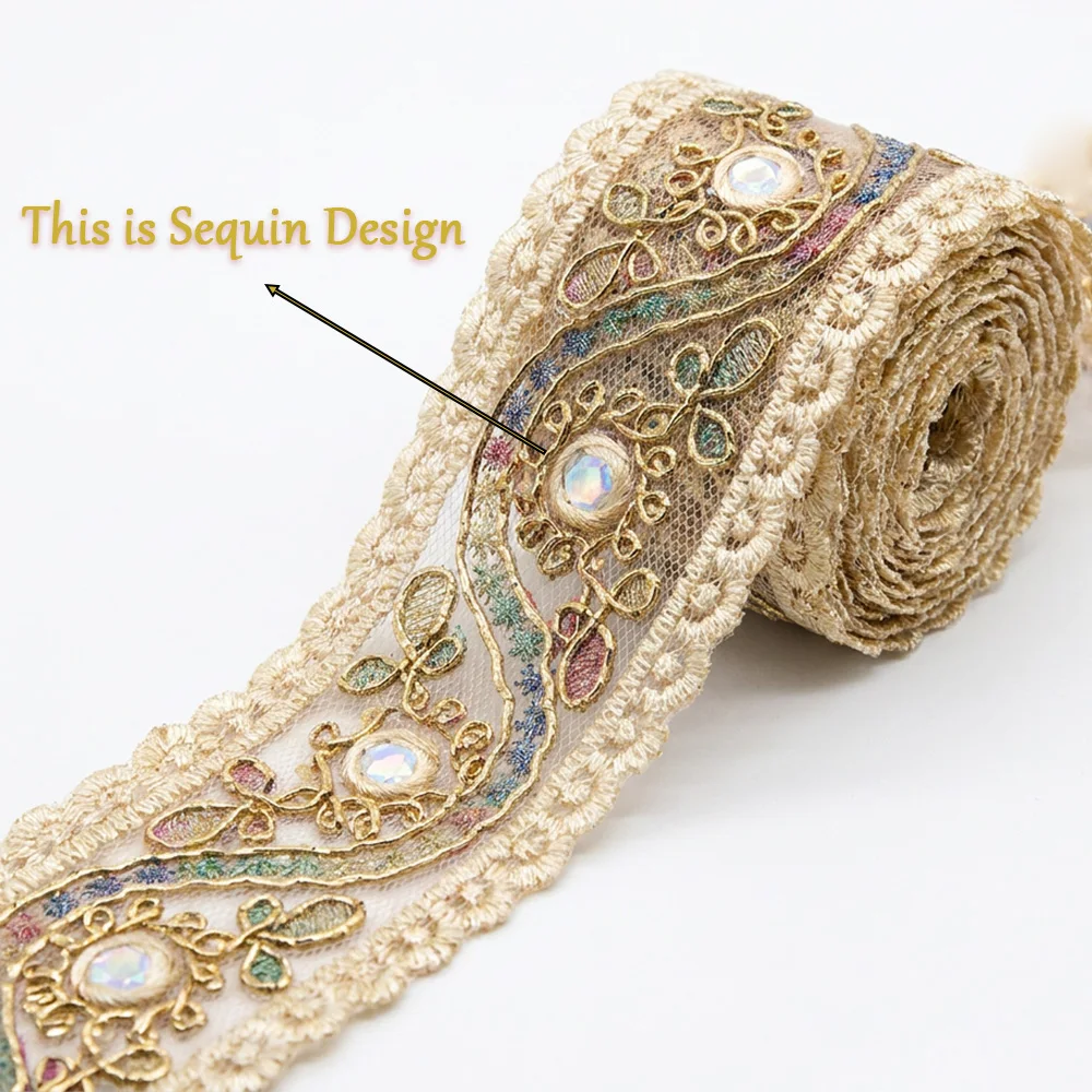5 cm breite, mit Goldfaden bestickte Pailletten-Spitze, champagnerfarbenes Vintage-Spitzenband im Hofstil mit schillernden Pailletten, DIY-Handarbeitsmaterialien, Kleider- und Hochzeitskleid-Accessoires, Tischläufer, d – Detail 6