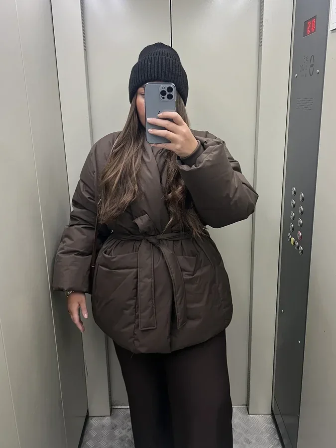 Women Short Coat Solid Color Coats Wrap Collar Winter Warm Loose Top Lady Clothes Daily Wear Belted Wrap Jacket Oversized