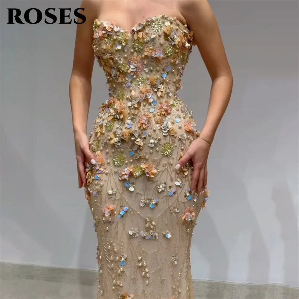 Gaun Pesta Champagne ROSES Model Sweetheart Mermaid dengan Hiasan Bunga 3D فساتين السهرة Gaun Gala yang Dapat Disesuaikan