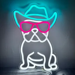 French Bulldog Neon Sign for Wall Decor Cowboy Frenchie Wearing Glasses Neon Lights Fench Bulldog Accessories Decor