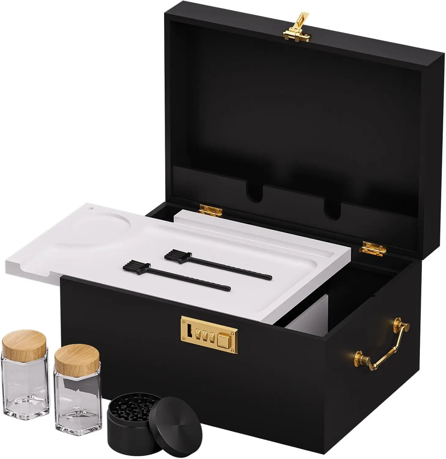 

Запираемый бамбуковый ящик для хранения с подносом на колесиках, измельчителем, баночками и щетками — просторный органайзер для дома или подарка