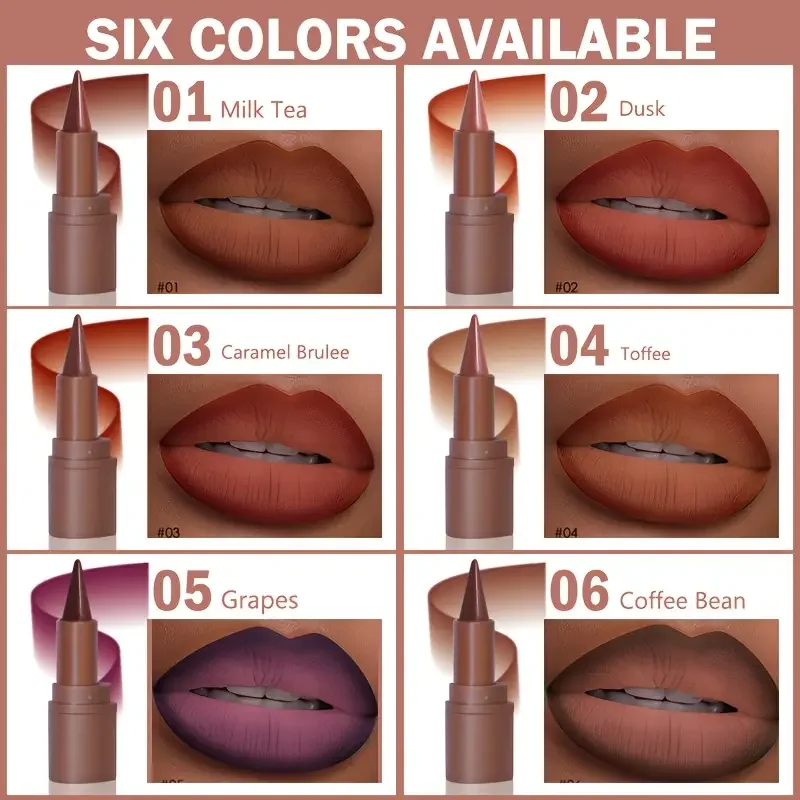 6 Kleur Matte Liner Lippenstift Gradiënt Lip Liner Rood Bruin Lipsticks Potlood Blijvende Waterdichte Lip Stick Sexy Vrouwen Lip Cosmetica