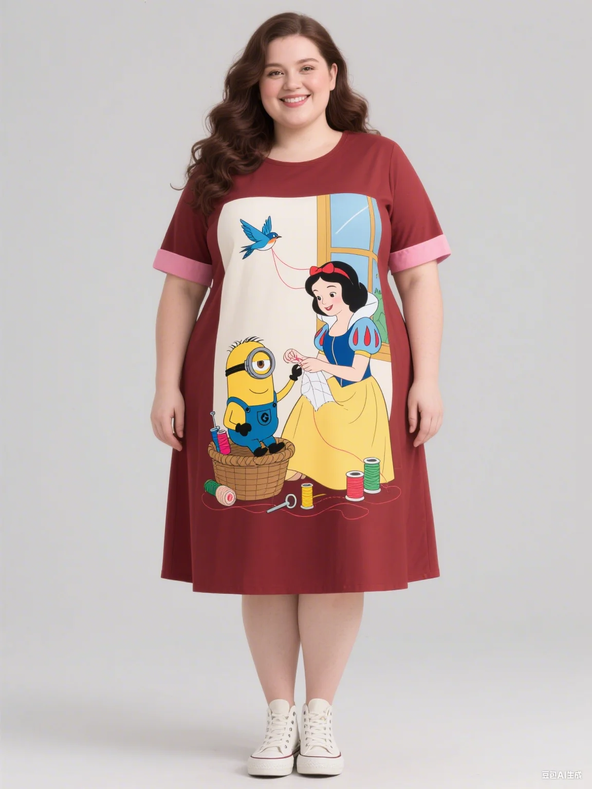 Sukienka damska plus size na jesień 2025 z nadrukiem Minionków i Królewny Śnieżki, bez rękawów, z okrągłym dekoltem, do modnego stylizacji.