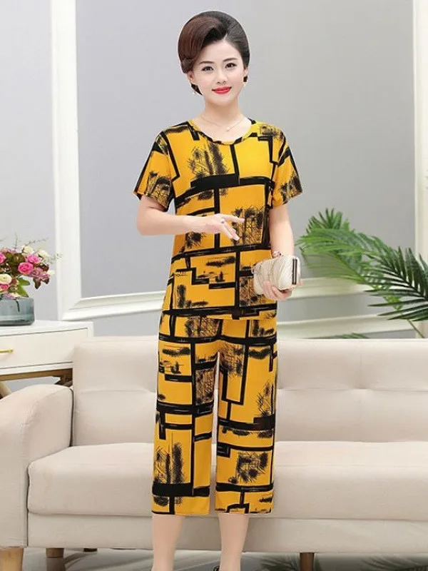 Ice Silk Mommy Set Short Sleeve Two-Piece Suit for Middle-Aged Women Comfortable Casual Pants High Waist Straight Leg Pants